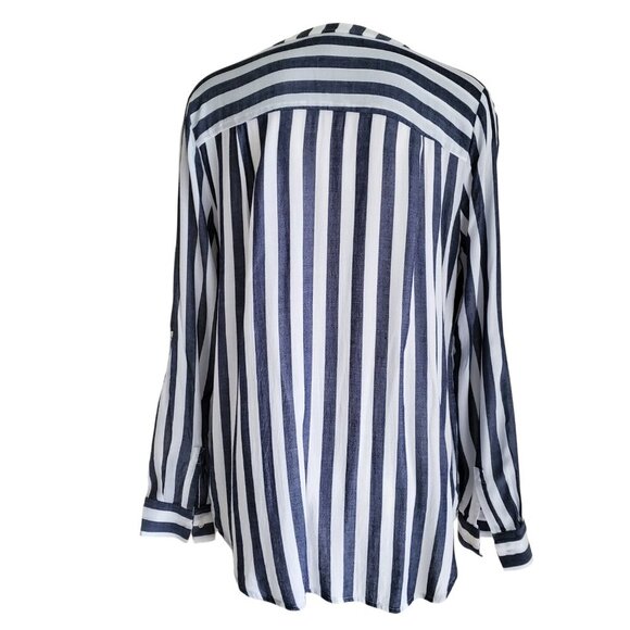 a.n.a  Gray & White Lightweight Long /Roll Tab Sleeve Striped Long line Shirt S - Picture 6 of 16